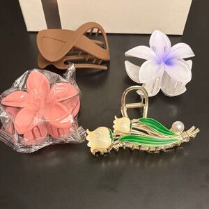 Floral Hair Clip Set - Green, Pink, Brown, White